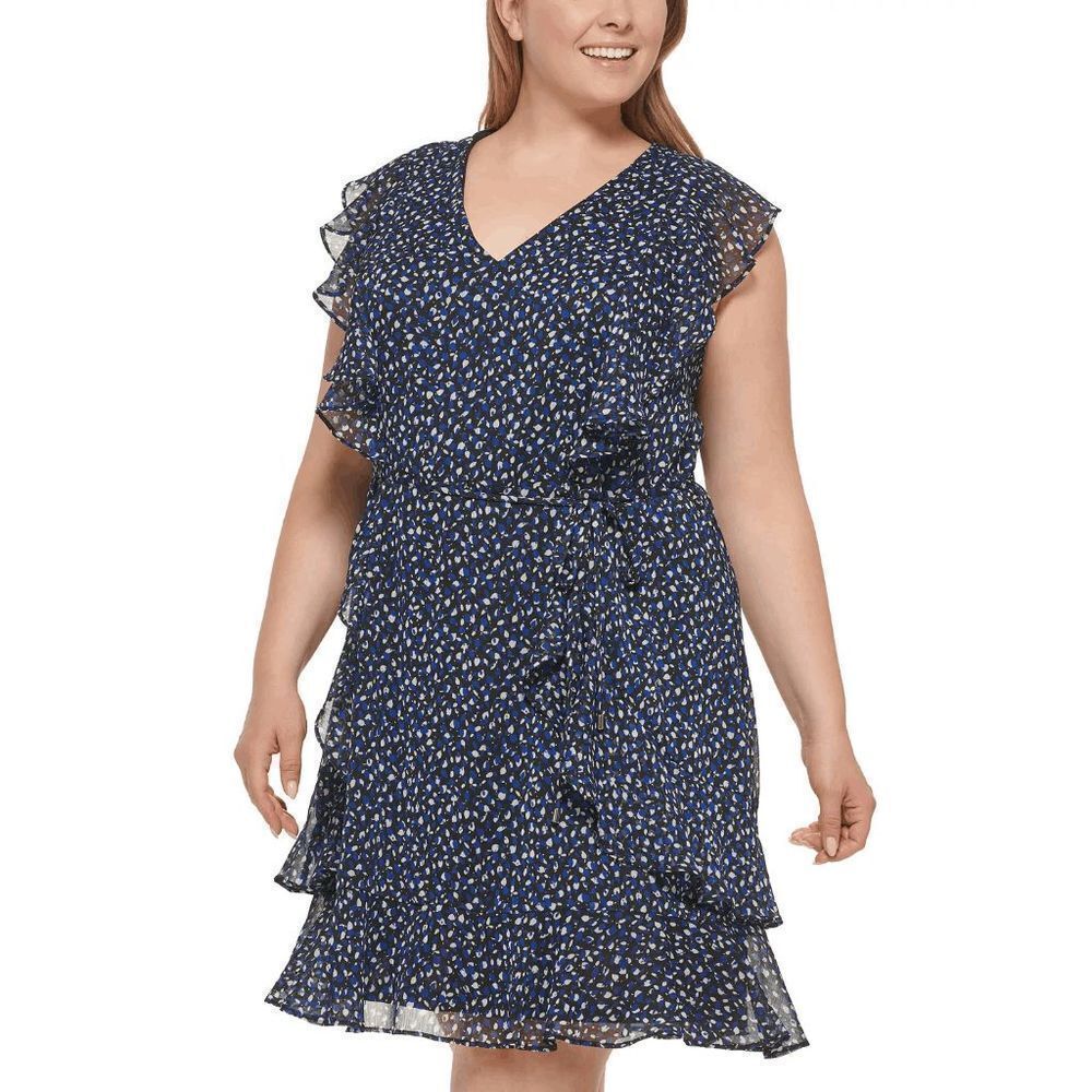 Tommy Hilfiger Women's Plus Size Ruffled Chiffon Dress - Navy 22W